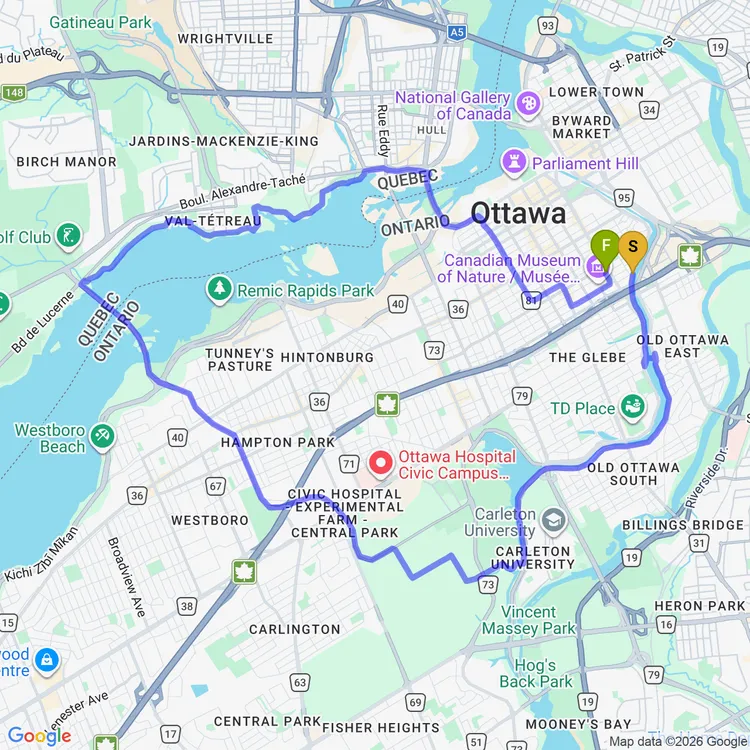 Map of Summer Loop Ride around Ottawa