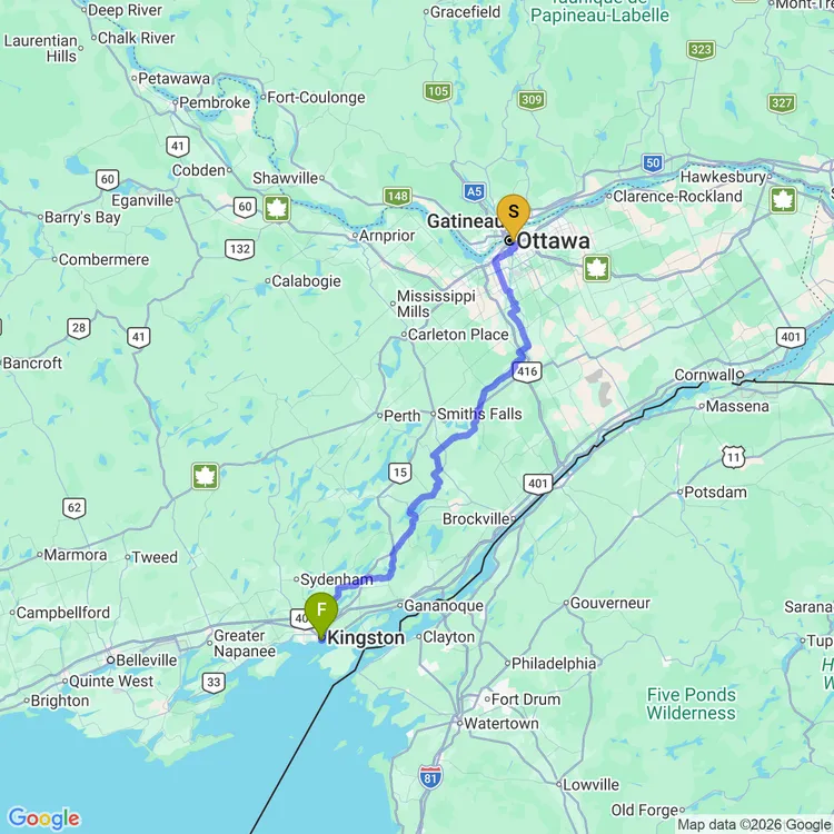 Map of Rideau Lakes Tour: Day 1 Cruise