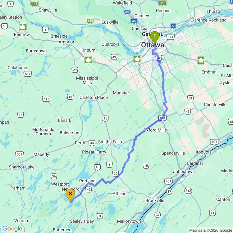 Map of Chaffey’s Lock to Ottawa through Merrickville