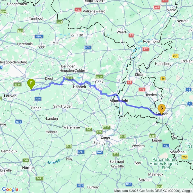 Map of Day 1: Aachen to ??? (Somewhere in Belgium)