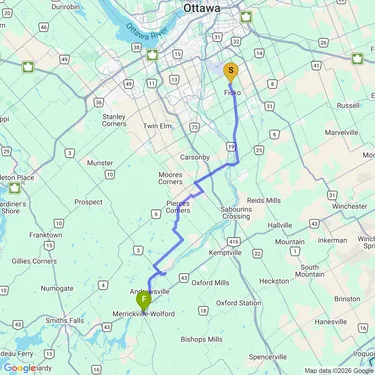 Map of QBC bikepacking to Merrickville