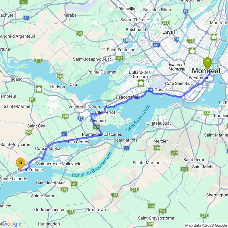 Map of Saint-Zotique to Montréal